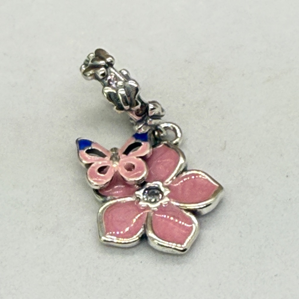 Pink Enamel Flower & Butterfly Dangle Charm – Sterling Silver 925